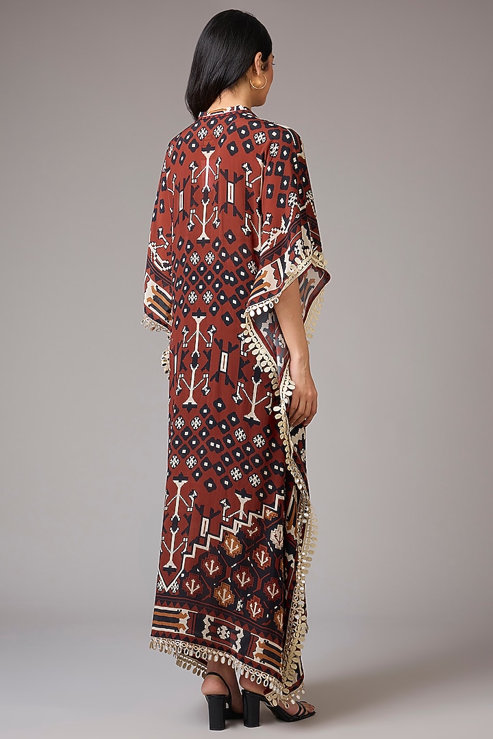Deep Maroon Crepe Embellished & Digital Carpet Printed Kaftan Dress by CHARU PARASHAR at Pernia's Pop Up Shop