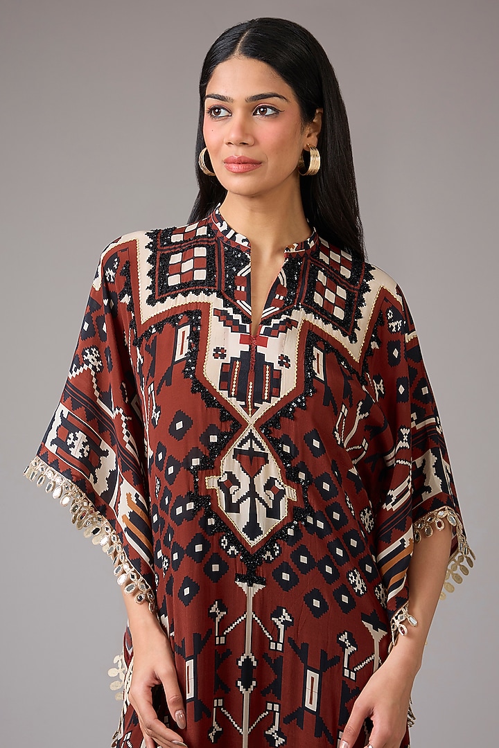 Deep Maroon Crepe Embellished & Digital Carpet Printed Kaftan Dress by CHARU PARASHAR at Pernia's Pop Up Shop