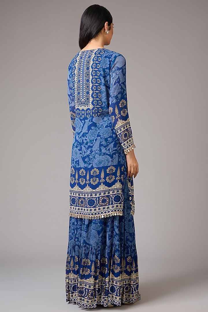 Navy Blue Georgette Self Printed & Embellished Wedding Sharara Set by CHARU PARASHAR at Pernia's Pop Up Shop