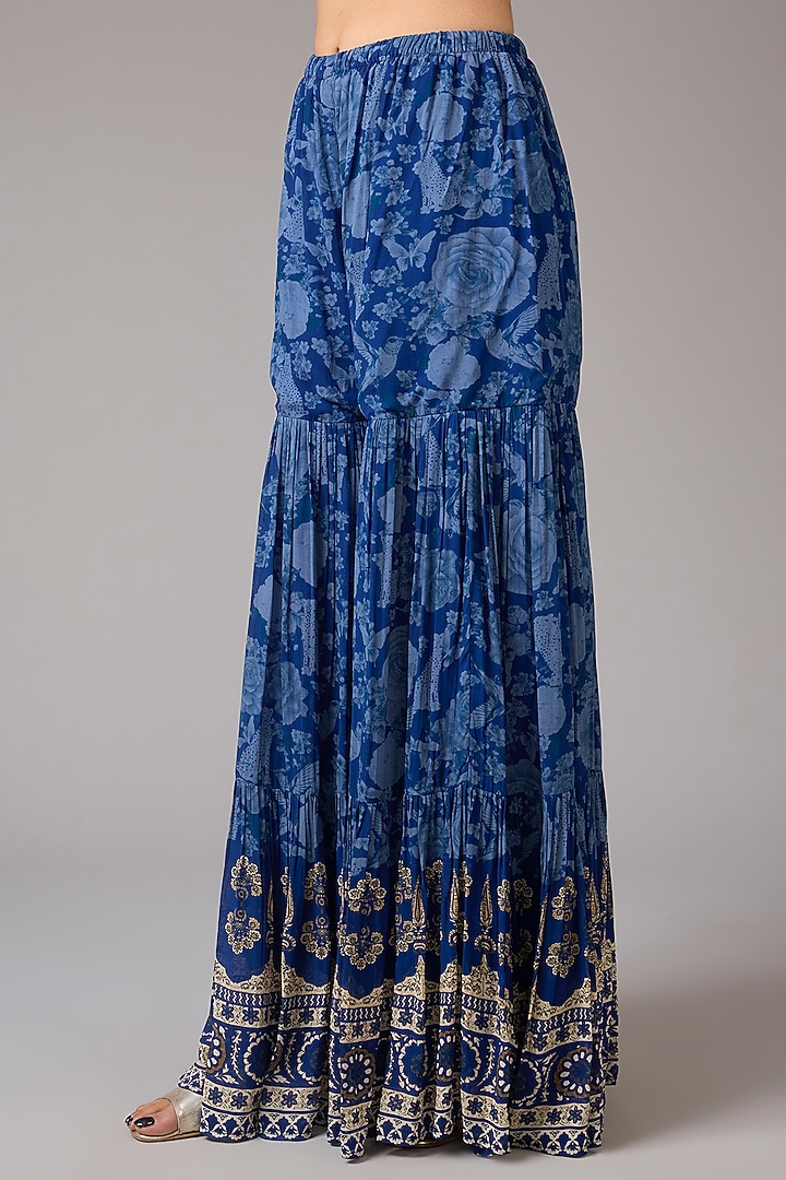 Navy Blue Georgette Self Printed & Embellished Wedding Sharara Set by CHARU PARASHAR at Pernia's Pop Up Shop