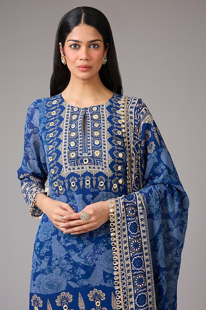 Navy Blue Georgette Self Printed & Embellished Wedding Sharara Set by CHARU PARASHAR at Pernia's Pop Up Shop