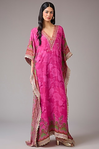 Pink Crepe Embellished & Self Printed Kaftan Dress by CHARU PARASHAR