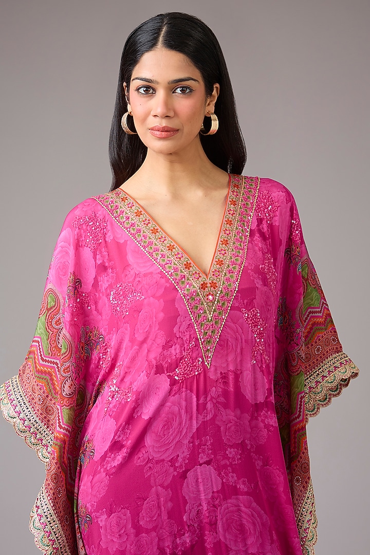 Pink Crepe Embellished & Self Printed Kaftan Dress by CHARU PARASHAR at Pernia's Pop Up Shop