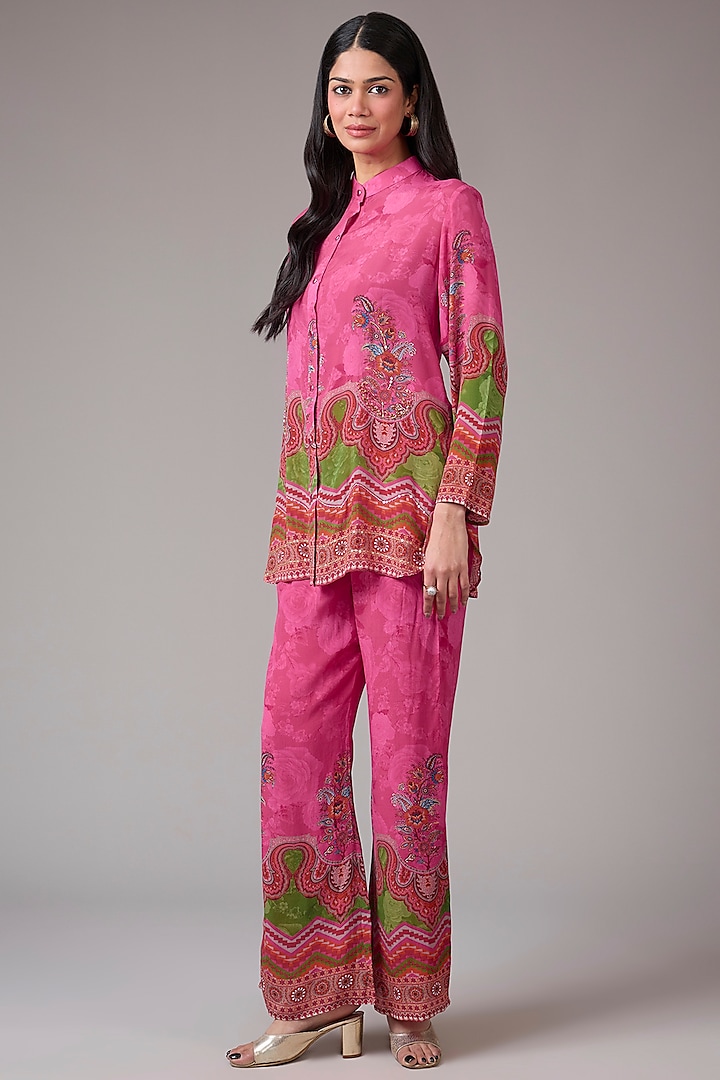 Pink Crepe Embellished & Printed Co-Ord Set by CHARU PARASHAR at Pernia's Pop Up Shop