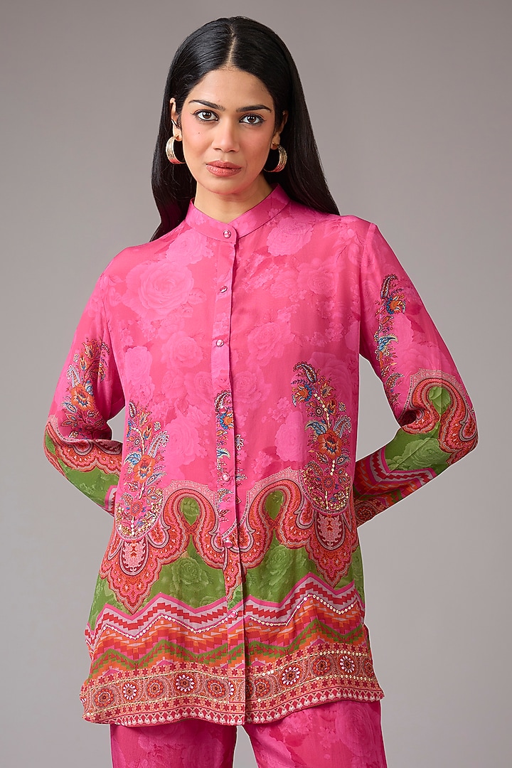 Pink Crepe Embellished & Printed Co-Ord Set by CHARU PARASHAR at Pernia's Pop Up Shop