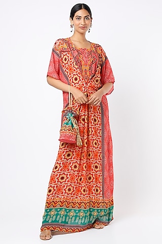Red Digital Printed Kaftan With Potli Bag by CHARU PARASHAR