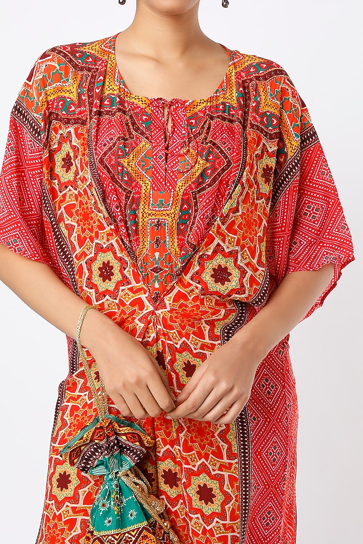 Red Digital Printed Kaftan With Potli Bag by CHARU PARASHAR at Pernia's Pop Up Shop