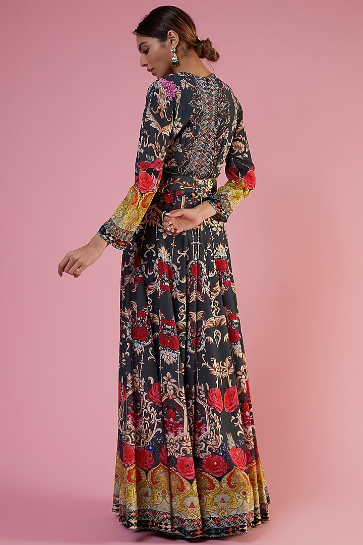 Charcoal Green Crepe Printed & Embellished Wedding Anarkali Set by CHARU PARASHAR at Pernia's Pop Up Shop