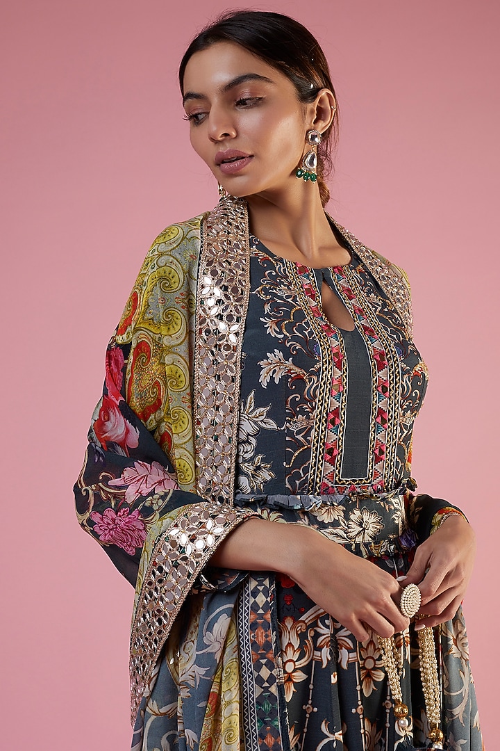 Charcoal Green Crepe Printed & Embellished Wedding Anarkali Set by CHARU PARASHAR at Pernia's Pop Up Shop