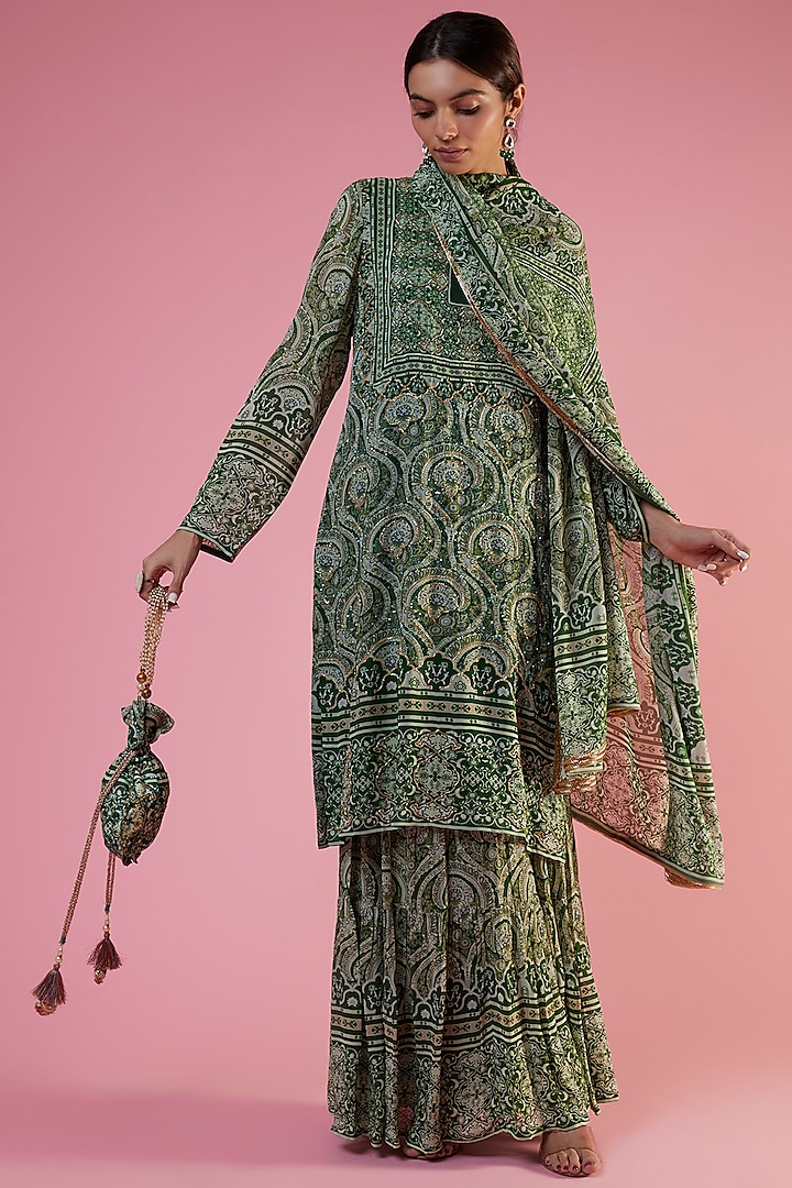 Green Georgette Printed & Embellished Wedding Sharara Set by CHARU PARASHAR at Pernia's Pop Up Shop
