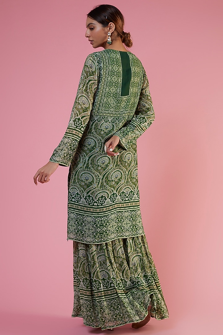 Green Georgette Printed & Embellished Wedding Sharara Set by CHARU PARASHAR at Pernia's Pop Up Shop