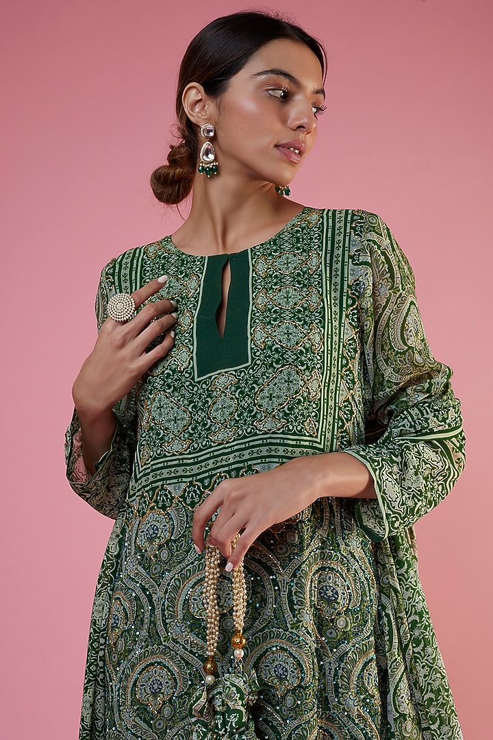 Green Georgette Printed & Embellished Wedding Sharara Set by CHARU PARASHAR at Pernia's Pop Up Shop
