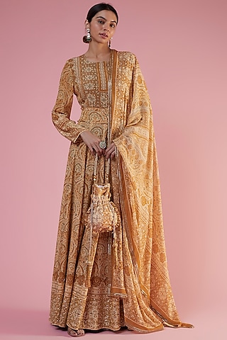 Beige Crepe Printed & Embellished Anarkali Set by CHARU PARASHAR