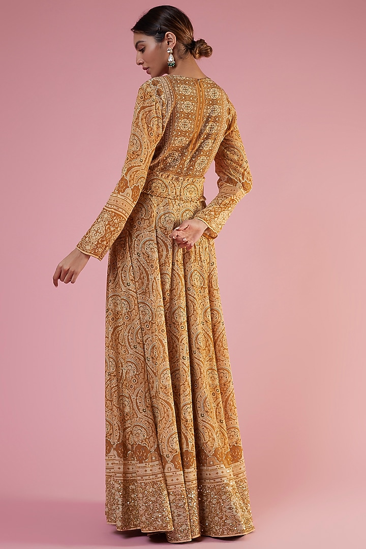 Beige Crepe Printed & Embellished Wedding Anarkali Set by CHARU PARASHAR at Pernia's Pop Up Shop
