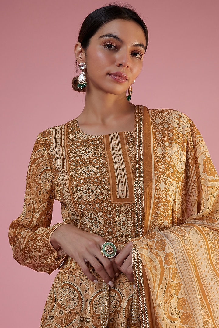 Beige Crepe Printed & Embellished Wedding Anarkali Set by CHARU PARASHAR at Pernia's Pop Up Shop
