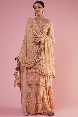 Peach Georgette Printed & Embellished Sharara Set by CHARU PARASHAR