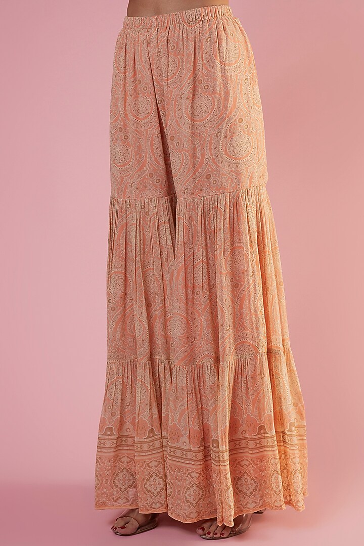 Peach Georgette Printed & Embellished Wedding Sharara Set by CHARU PARASHAR at Pernia's Pop Up Shop