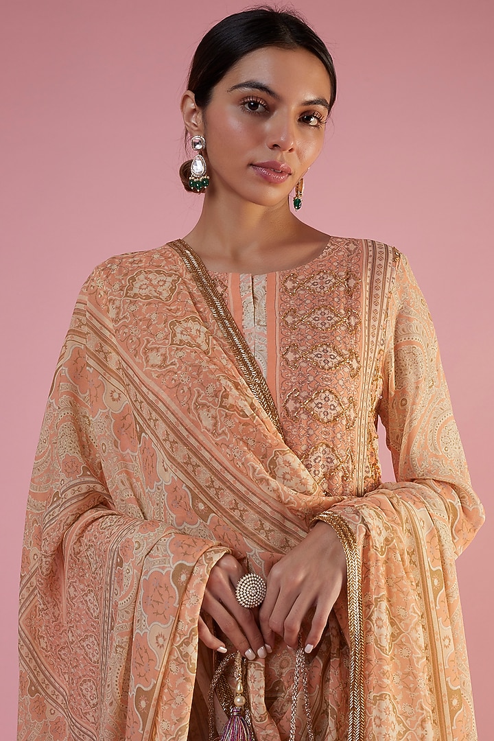 Peach Georgette Printed & Embellished Wedding Sharara Set by CHARU PARASHAR at Pernia's Pop Up Shop