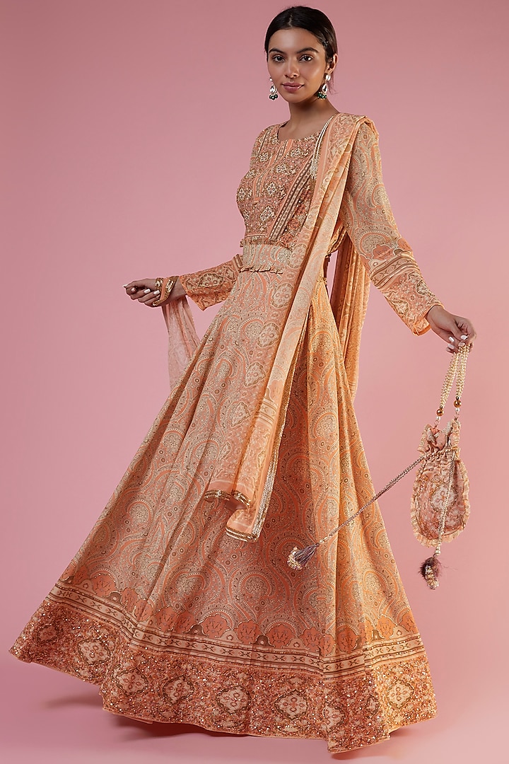 Peach Crepe Printed & Embellished Anarkali Set by CHARU PARASHAR