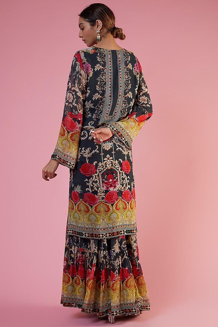Charcoal Green Georgette Printed & Embellished Wedding Sharara Set by CHARU PARASHAR at Pernia's Pop Up Shop