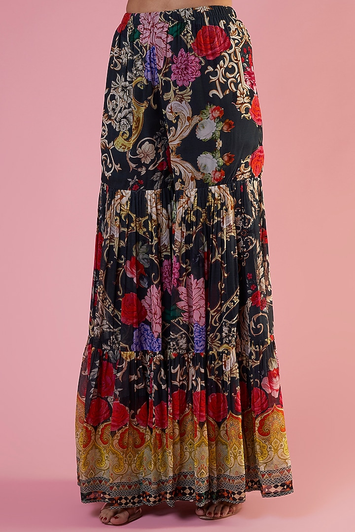 Charcoal Green Georgette Printed & Embellished Wedding Sharara Set by CHARU PARASHAR at Pernia's Pop Up Shop