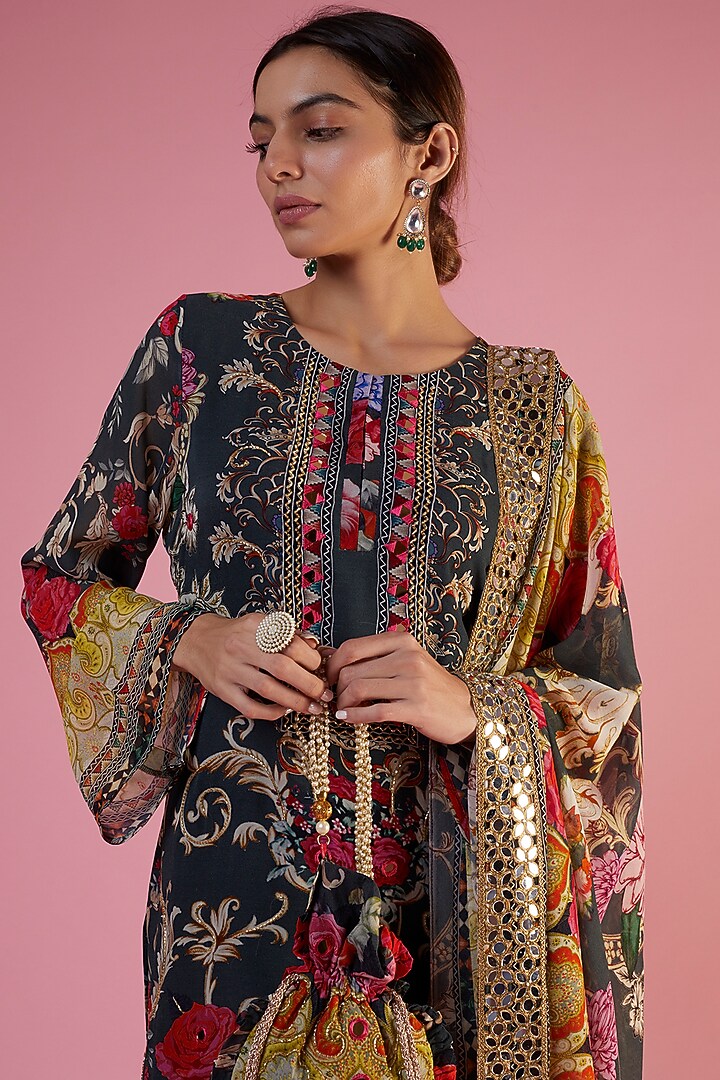 Charcoal Green Georgette Printed & Embellished Wedding Sharara Set by CHARU PARASHAR at Pernia's Pop Up Shop