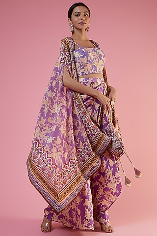 Lavender Crepe Printed & Embellished Cape Set by CHARU PARASHAR