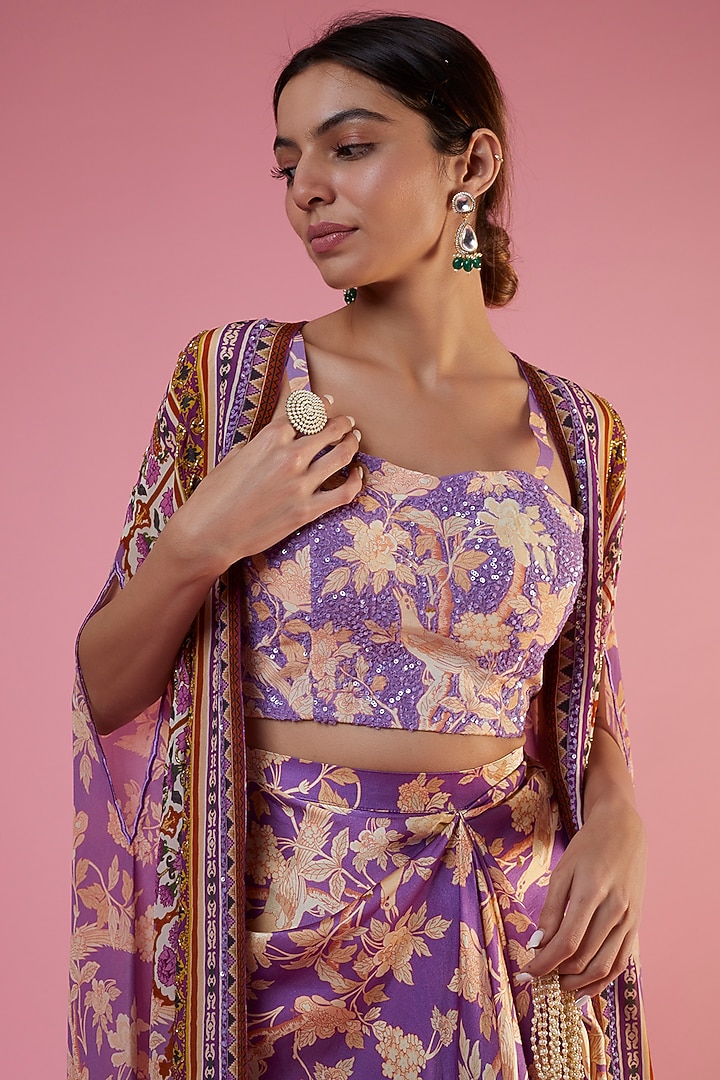 Lavender Crepe Printed & Embellished Cape Set by CHARU PARASHAR at Pernia's Pop Up Shop