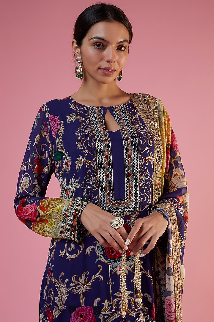 Purple Georgette Printed & Embellished Wedding Sharara Set by CHARU PARASHAR at Pernia's Pop Up Shop