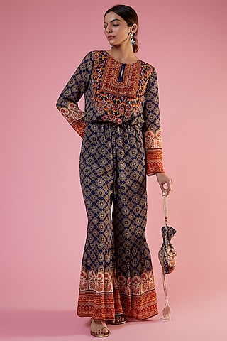 Blue Crepe Printed & Embellished Jumpsuit by CHARU PARASHAR