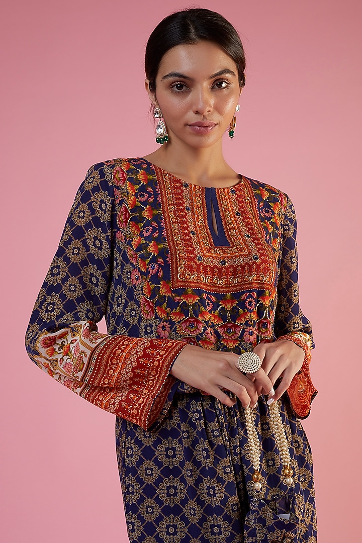 Blue Crepe Printed & Embellished Jumpsuit by CHARU PARASHAR at Pernia's Pop Up Shop