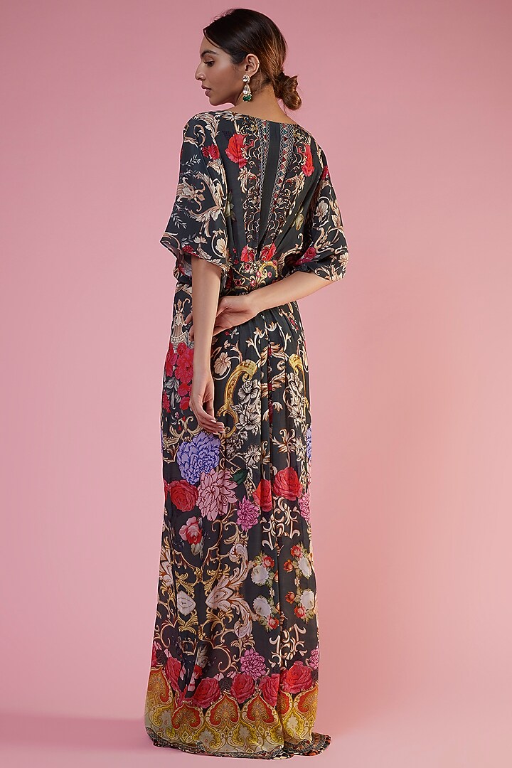 Charcoal Green Crepe Printed & Embellished Kaftan by CHARU PARASHAR at Pernia's Pop Up Shop