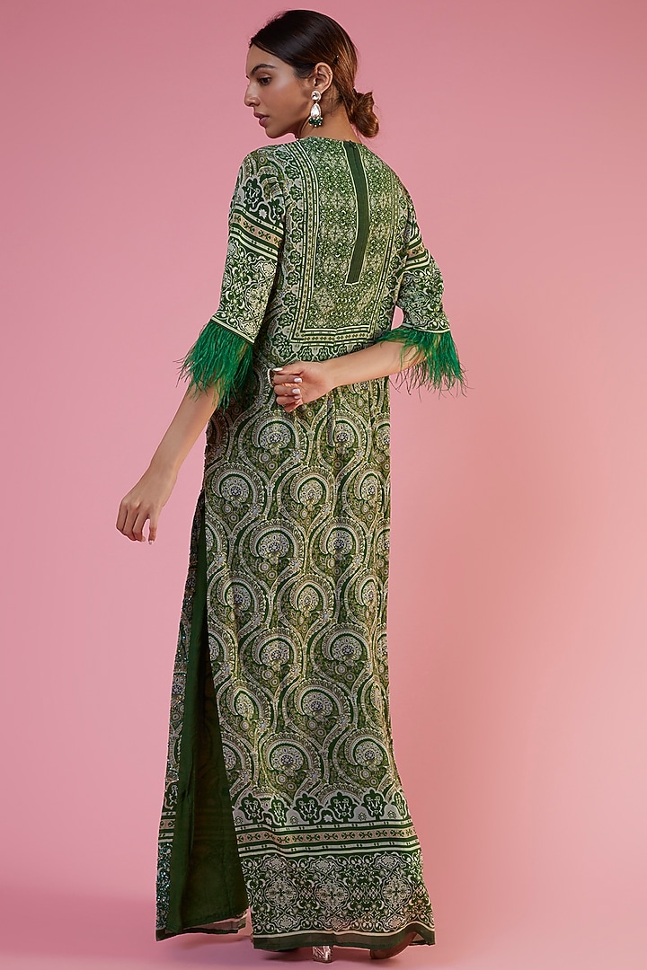 Green Crepe Printed & Embellished A-line Kaftan by CHARU PARASHAR at Pernia's Pop Up Shop
