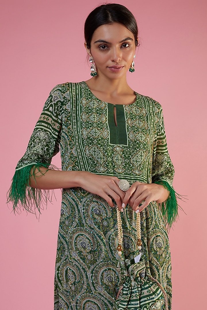 Green Crepe Printed & Embellished A-line Kaftan by CHARU PARASHAR at Pernia's Pop Up Shop