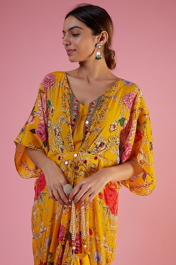 Yellow Crepe Printed & Embellished Kaftan by CHARU PARASHAR at Pernia's Pop Up Shop