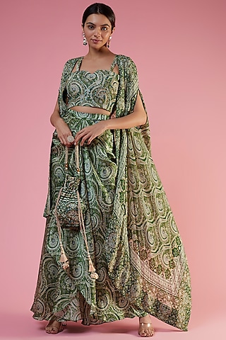 Green Crepe Printed & Embellished Cape Set by CHARU PARASHAR