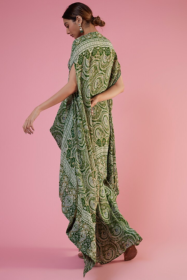 Green Crepe Printed & Embellished Cape Set by CHARU PARASHAR at Pernia's Pop Up Shop