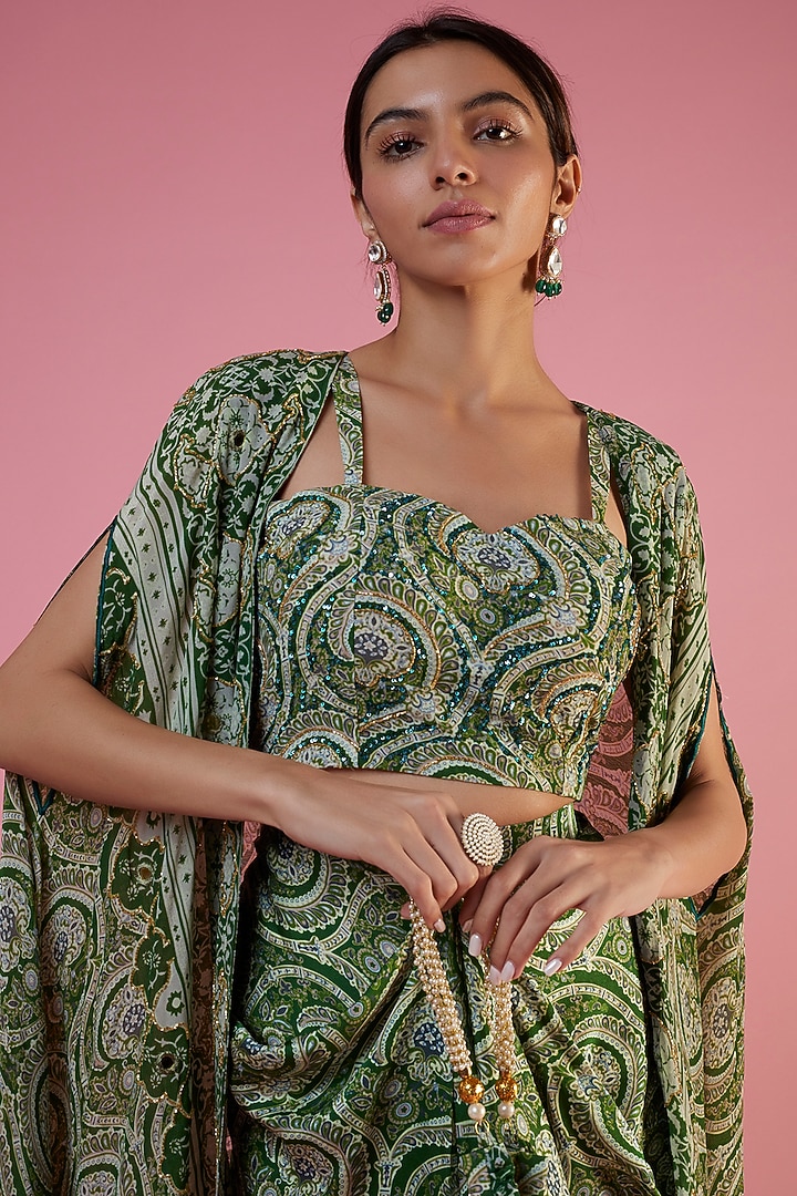 Green Crepe Printed & Embellished Cape Set by CHARU PARASHAR at Pernia's Pop Up Shop
