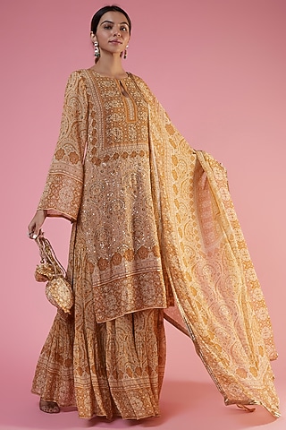 Beige Georgette Printed & Embellished Sharara Set by CHARU PARASHAR