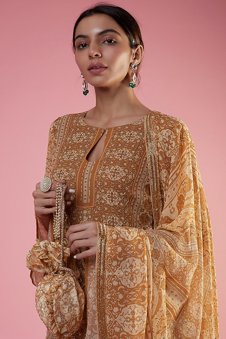 Beige Georgette Printed & Embellished Wedding Sharara Set by CHARU PARASHAR at Pernia's Pop Up Shop