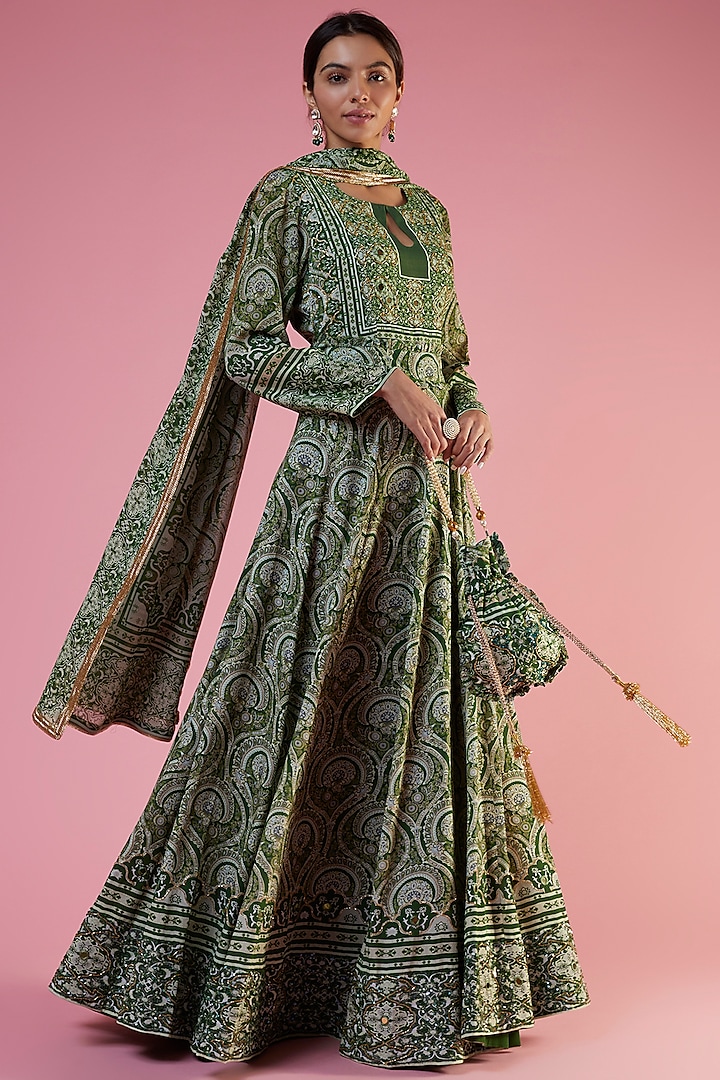 Green Crepe Printed & Embellished Anarkali Set by CHARU PARASHAR