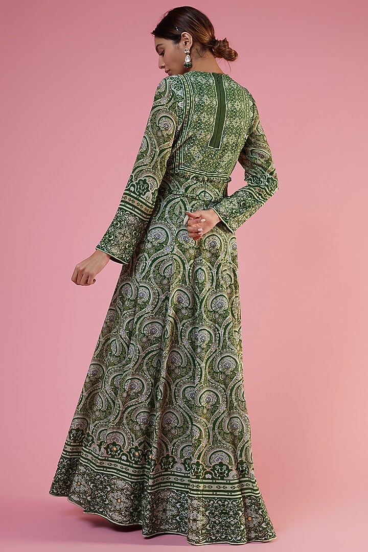 Green Crepe Printed & Embellished Wedding Anarkali Set by CHARU PARASHAR at Pernia's Pop Up Shop