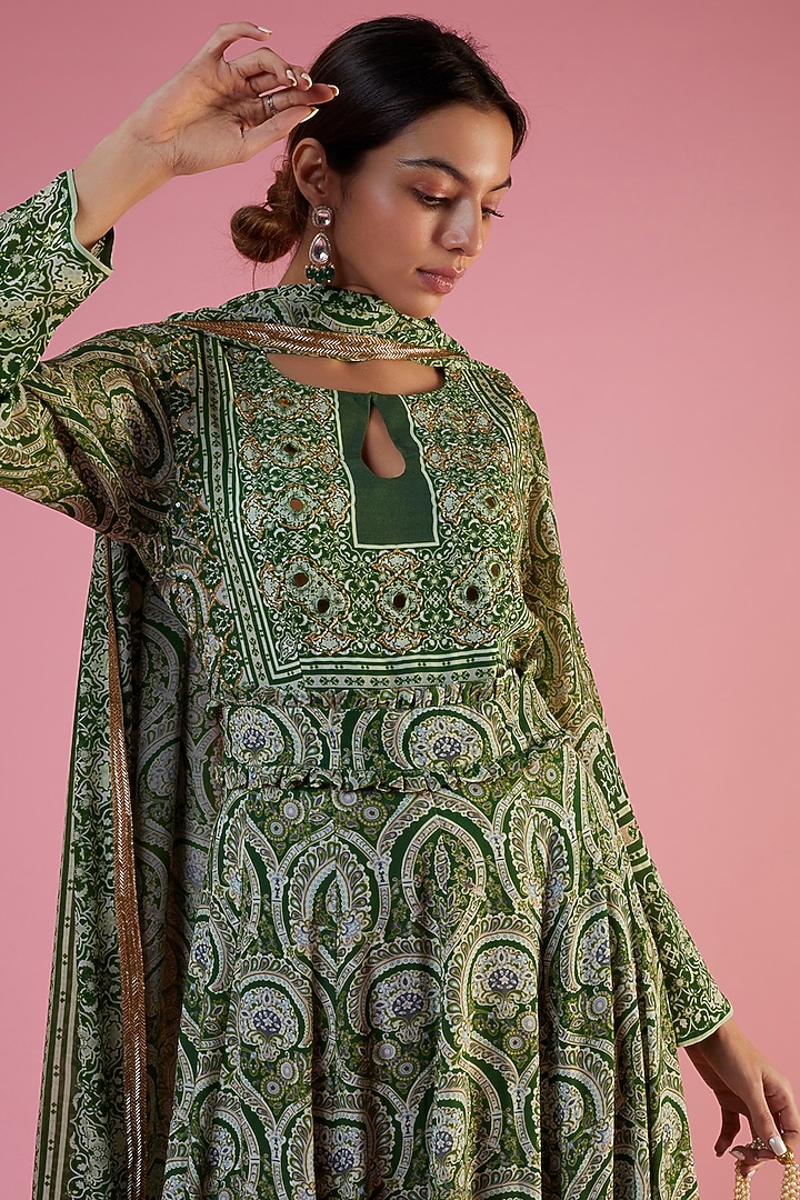 Green Crepe Printed & Embellished Wedding Anarkali Set by CHARU PARASHAR at Pernia's Pop Up Shop