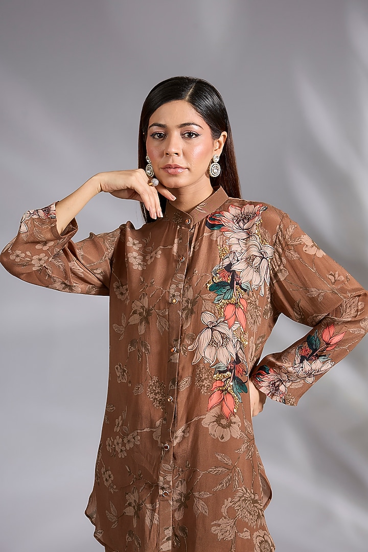 Dark Beige Crepe Digital Printed Co-Ord Set by CHARU PARASHAR at Pernia's Pop Up Shop