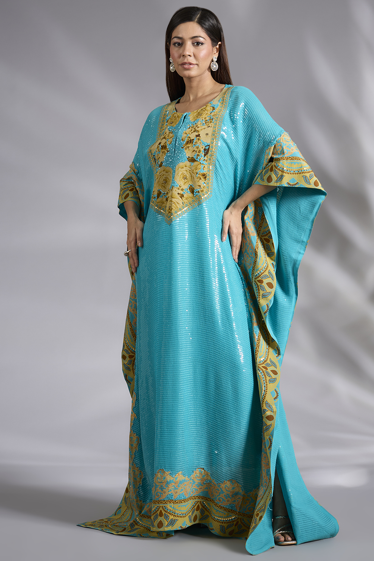 Turquoise Georgette Printed & Sequins Embroidered Kaftan by CHARU PARASHAR at Pernia's Pop Up Shop