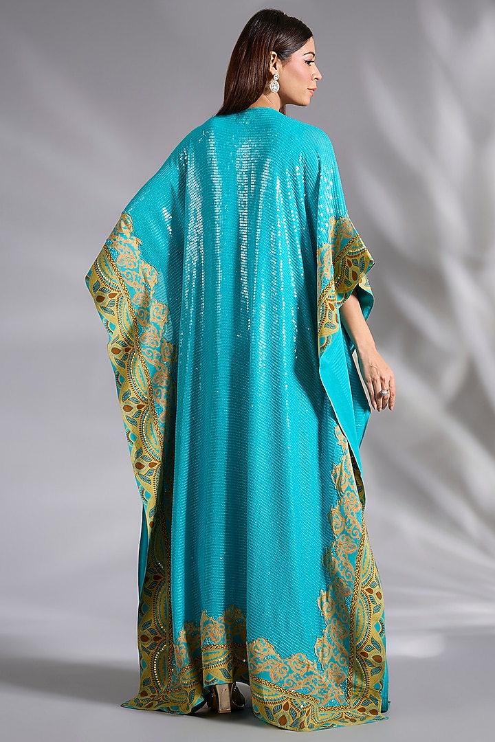 Turquoise Georgette Printed & Sequins Embroidered Kaftan by CHARU PARASHAR at Pernia's Pop Up Shop