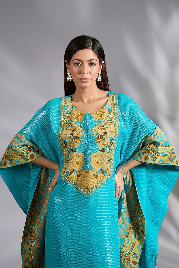 Turquoise Georgette Printed & Sequins Embroidered Kaftan by CHARU PARASHAR at Pernia's Pop Up Shop