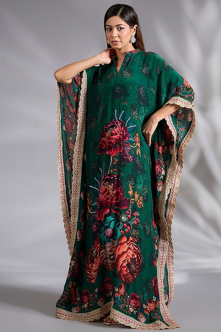 Dark Green Crepe Floral Digital Printed Kaftan by CHARU PARASHAR at Pernia's Pop Up Shop