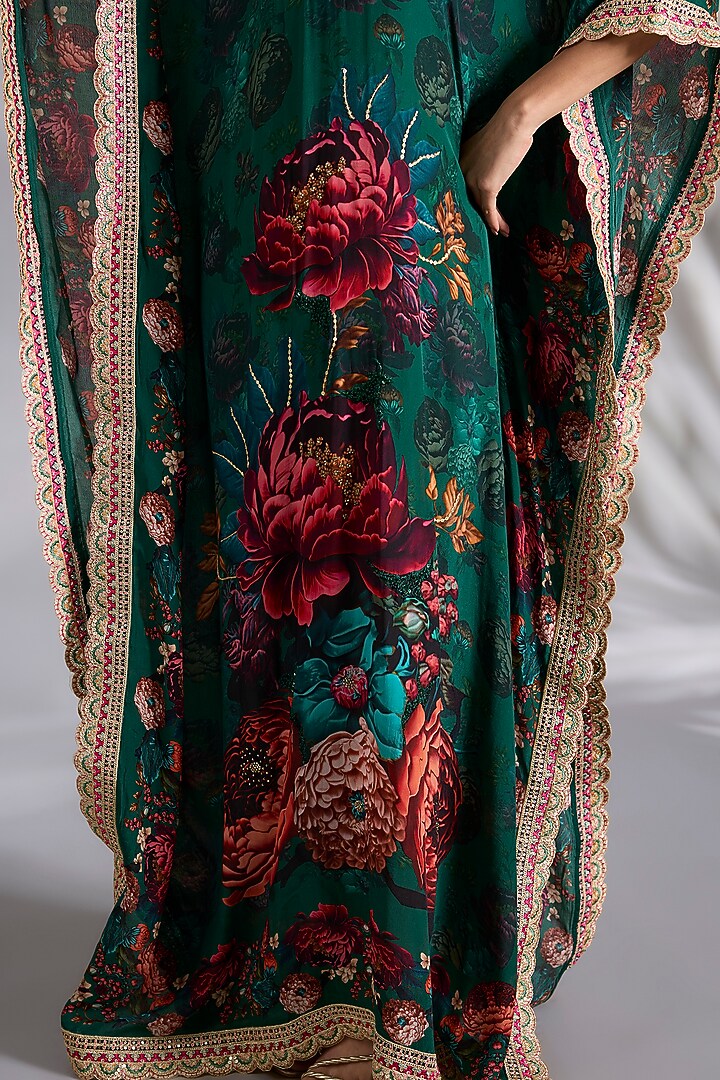 Dark Green Crepe Floral Digital Printed Kaftan by CHARU PARASHAR at Pernia's Pop Up Shop