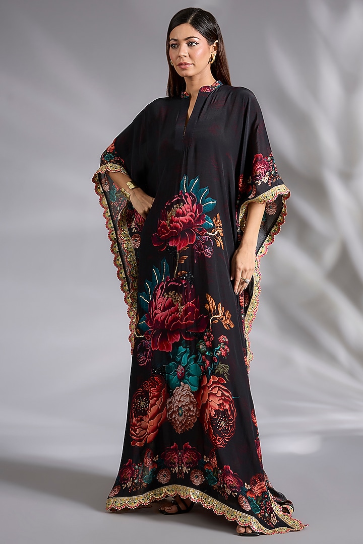Black Crepe Floral Digital Printed Kaftan by CHARU PARASHAR at Pernia's Pop Up Shop